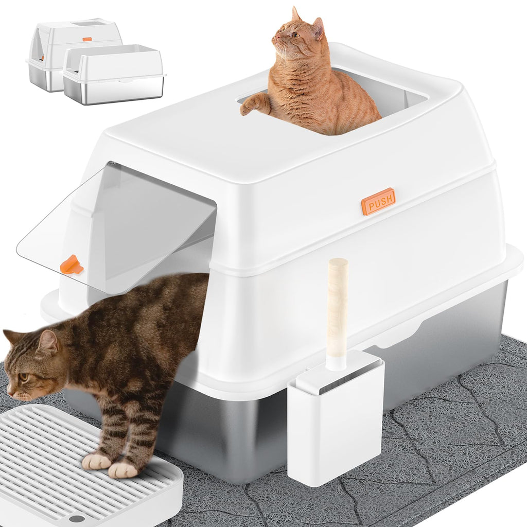 Stainless Steel Cat Litter Box with LidFront Entry Top Exit Kitty Litter BoxExtra Large Enclosed Metal Litter Box with Litter Scoop & Litter Mat-White