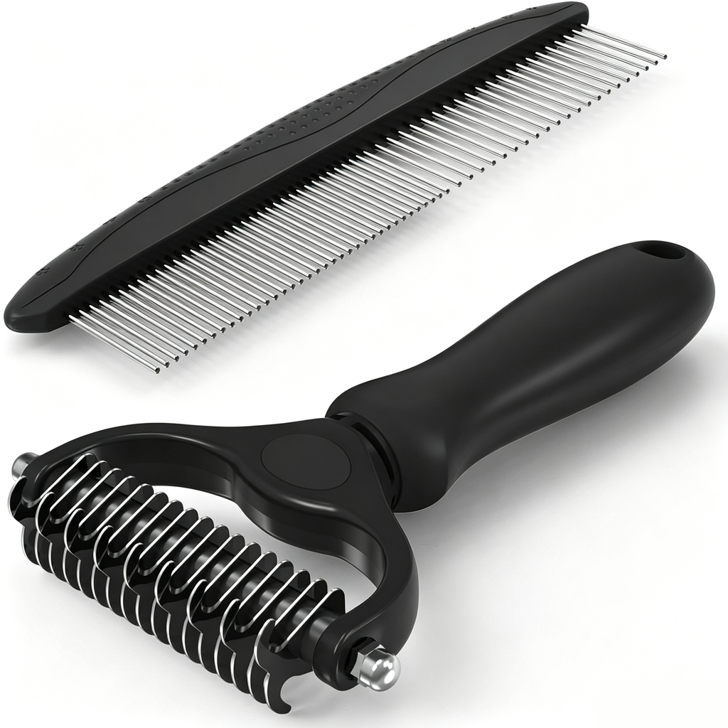 2-in-1 Blue Deshedding Brush & Metal Comb, Double Sided Grooming Tool for Dogs & Cats