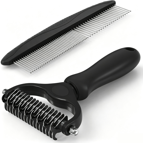 2-in-1 Blue Deshedding Brush & Metal Comb, Double Sided Grooming Tool for Dogs & Cats
