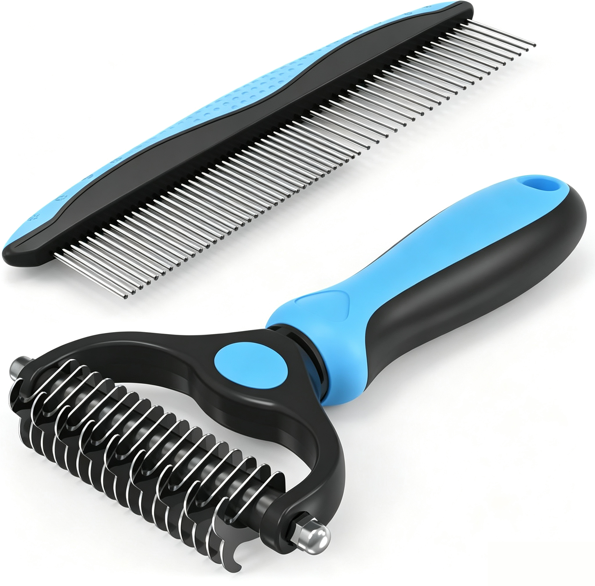 2-in-1 Blue Deshedding Brush & Metal Comb, Double Sided Grooming Tool for Dogs & Cats