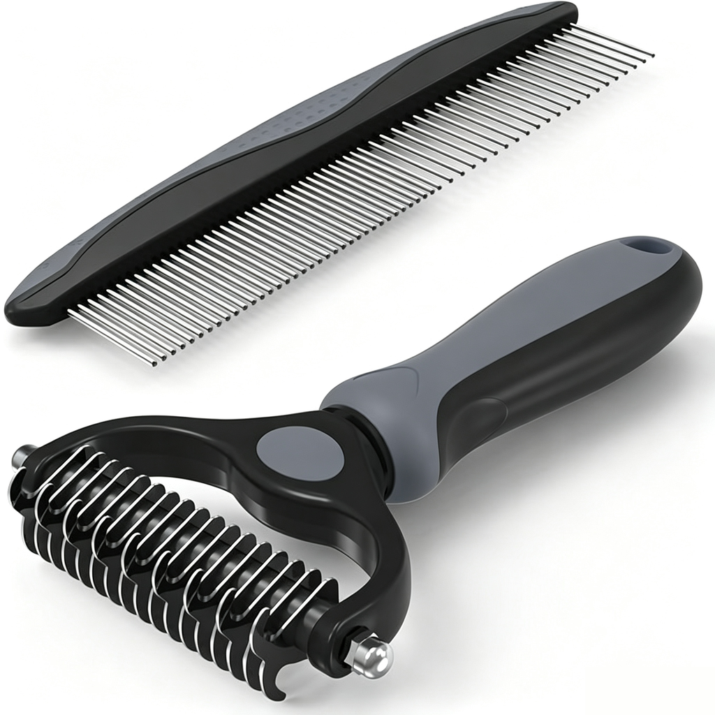 2-in-1 Blue Deshedding Brush & Metal Comb, Double Sided Grooming Tool for Dogs & Cats