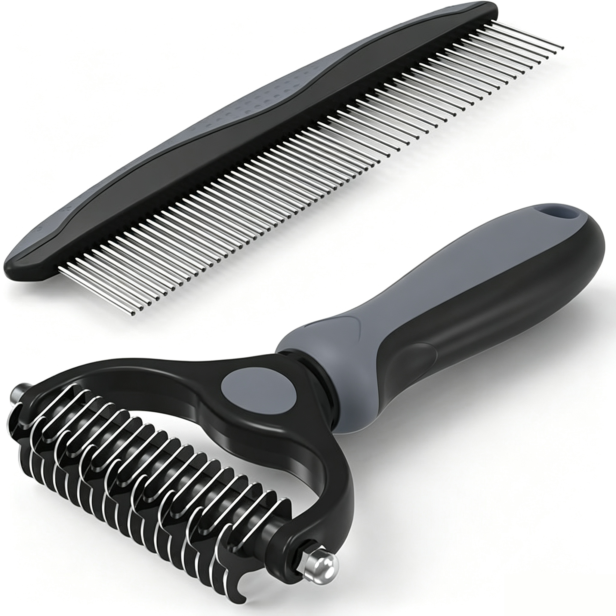 2-in-1 Blue Deshedding Brush & Metal Comb, Double Sided Grooming Tool for Dogs & Cats