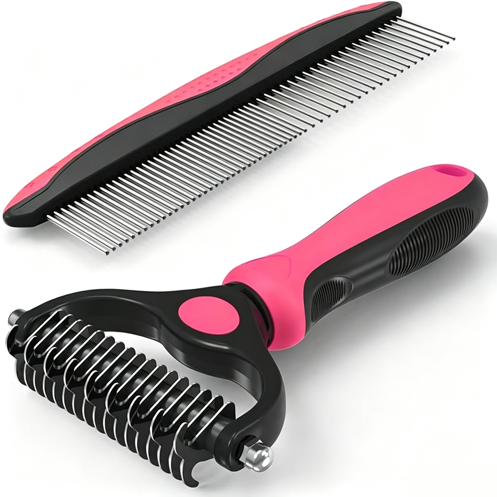 2-in-1 Blue Deshedding Brush & Metal Comb, Double Sided Grooming Tool for Dogs & Cats