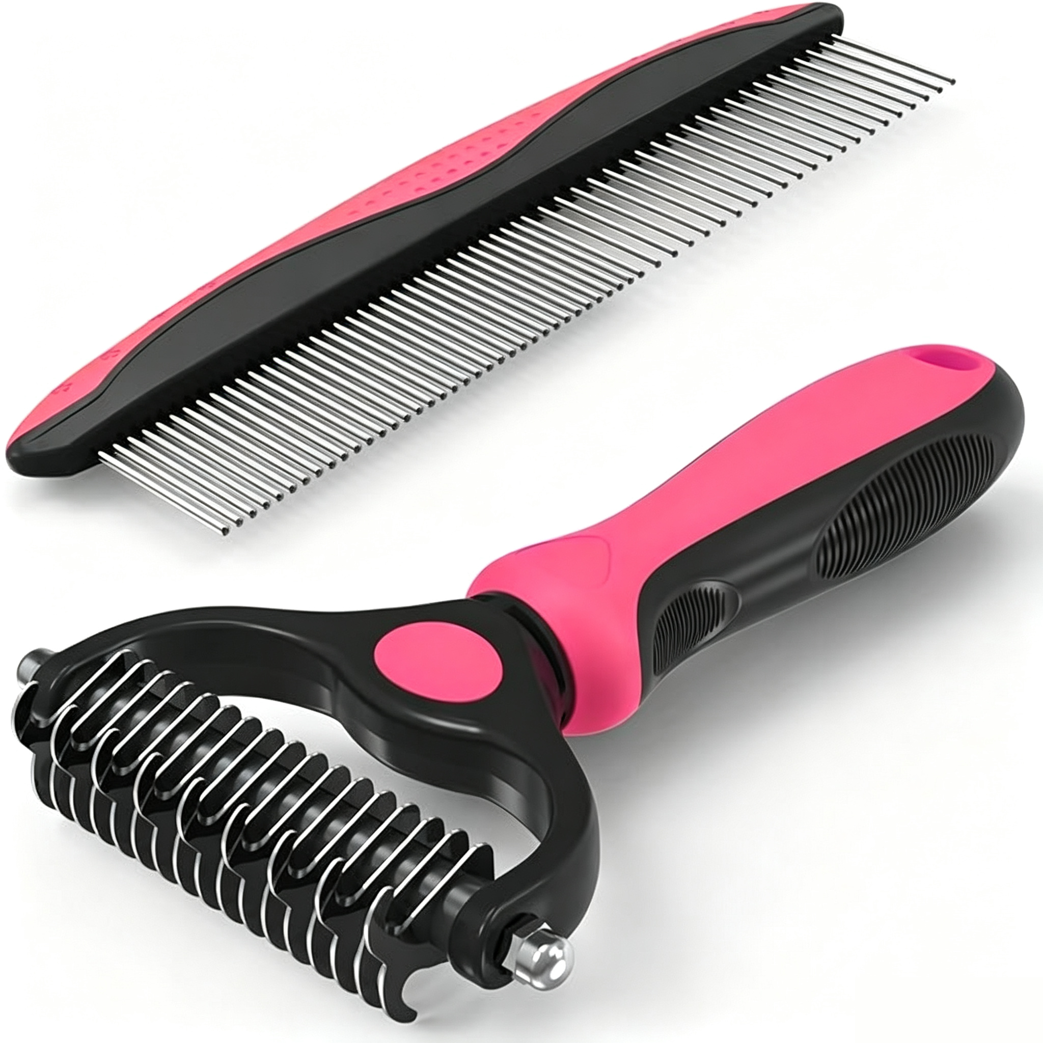 2-in-1 Blue Deshedding Brush & Metal Comb, Double Sided Grooming Tool for Dogs & Cats