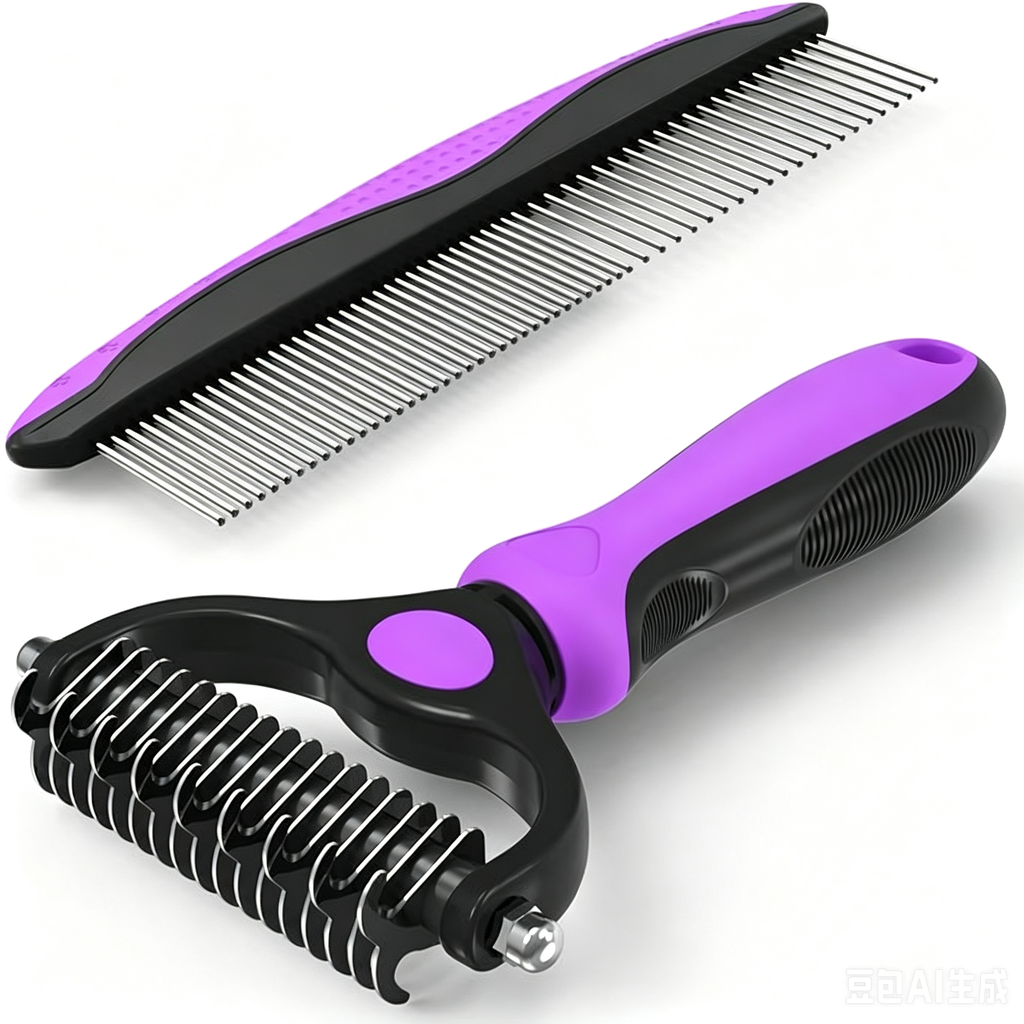 2-in-1 Blue Deshedding Brush & Metal Comb, Double Sided Grooming Tool for Dogs & Cats