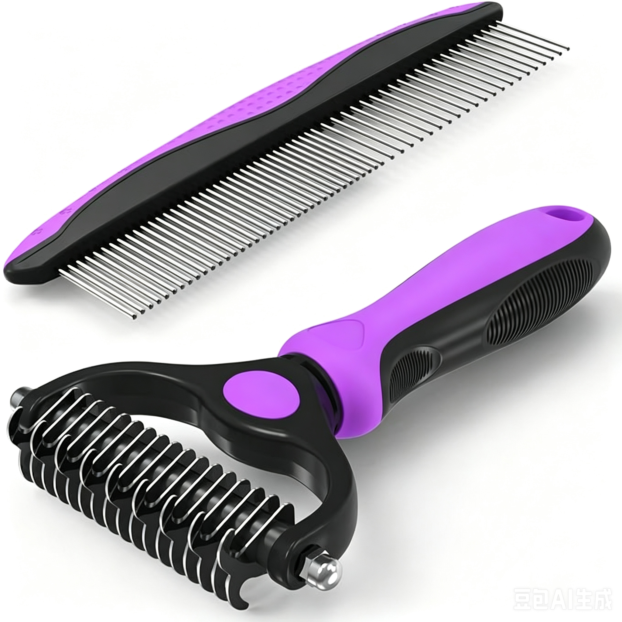 2-in-1 Blue Deshedding Brush & Metal Comb, Double Sided Grooming Tool for Dogs & Cats