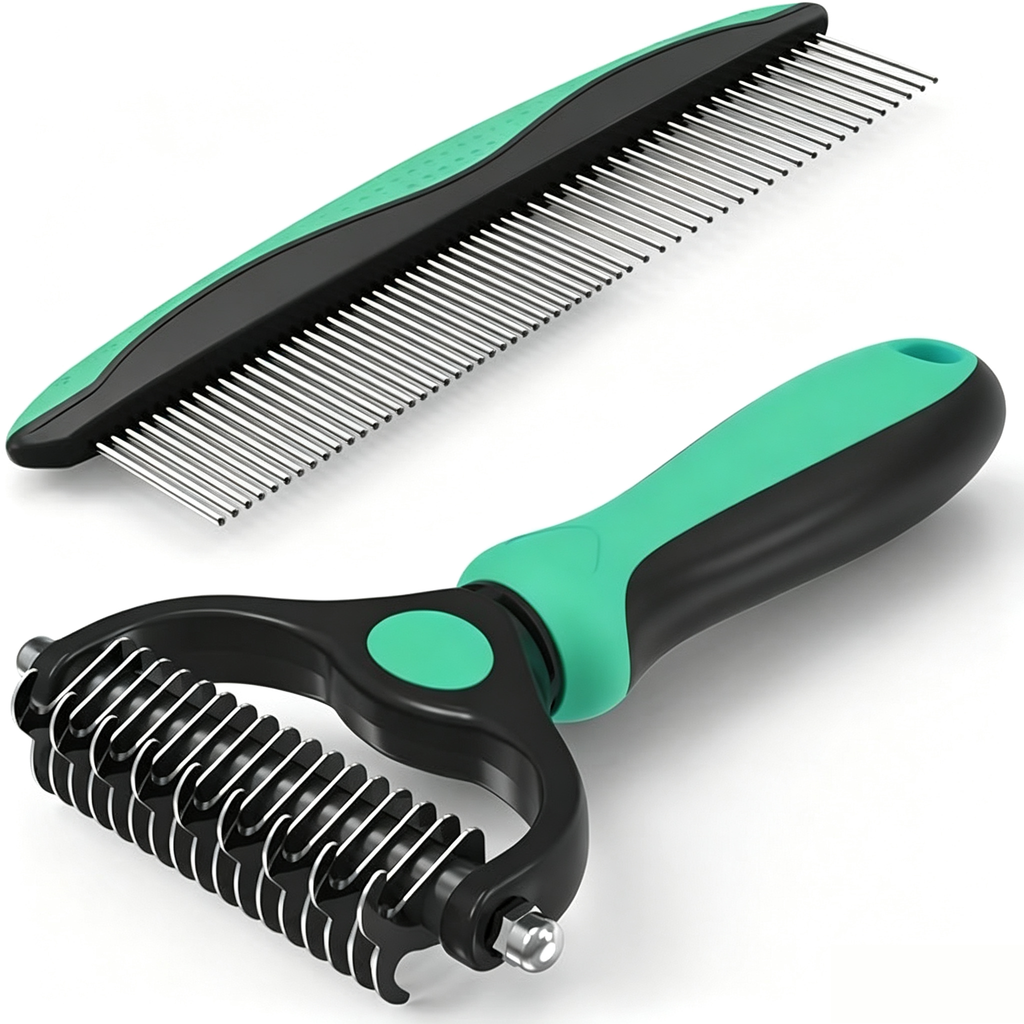 2-in-1 Blue Deshedding Brush & Metal Comb, Double Sided Grooming Tool for Dogs & Cats