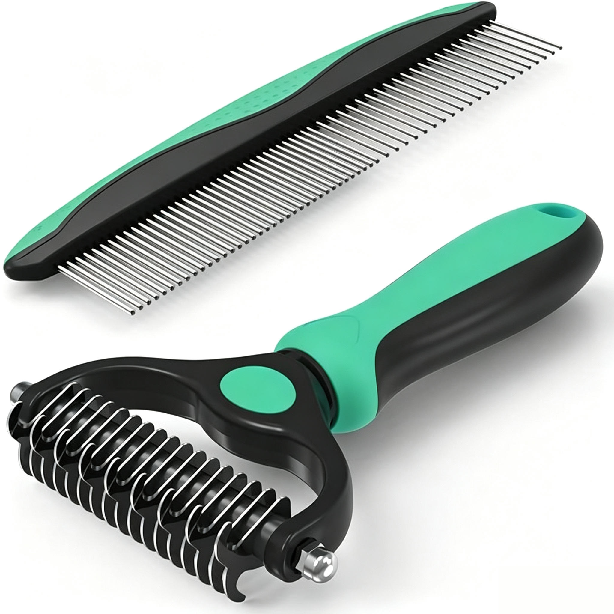 2-in-1 Blue Deshedding Brush & Metal Comb, Double Sided Grooming Tool for Dogs & Cats