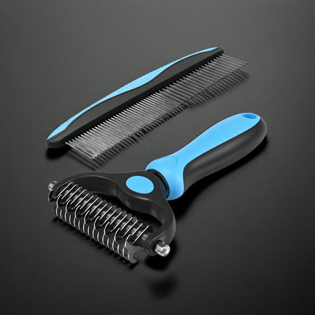 2-in-1 Blue Deshedding Brush & Metal Comb, Double Sided Grooming Tool for Dogs & Cats